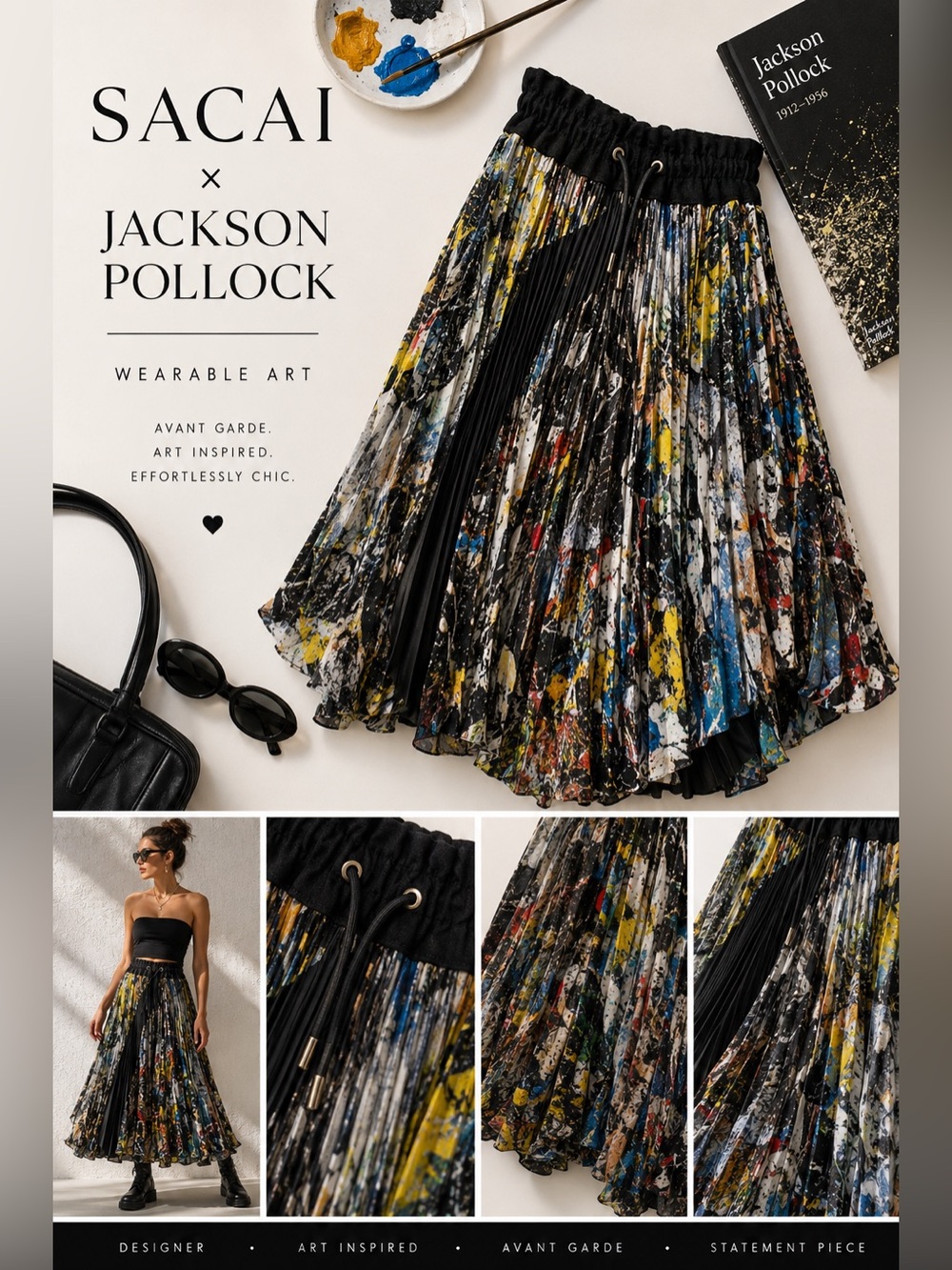 Sacai x Jackson Pollock Pleated Abstract Print Skirt Avant Garde Art Skirt Black